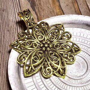 Large Art Nouveau Filigree Flower Antiqued Gold Plated Artsy Pendant with Bail